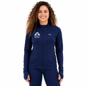 Casaco feminino UV 50+ profissional azul marinho com luvas - Frente